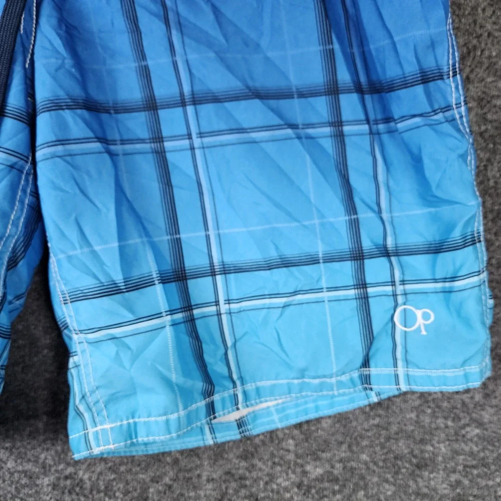 OP Board Shorts Mens L OM12201Y Blue Plaid Ombre Swim Trunks EUC